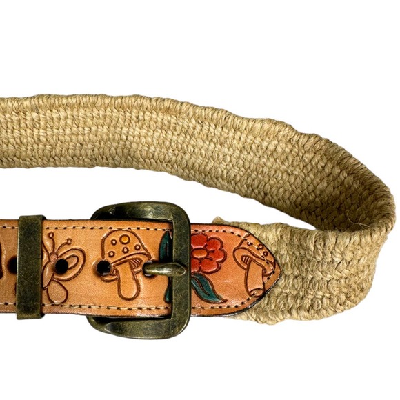 Vintage Tooled Leather Elastic Waist Belt 27-31 Mushroom Flower Butterfly Boho - Picture 3 of 6
